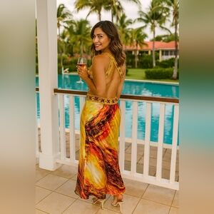 Vibrant Yellow and Orange Backless Dress. Tropical Vibes. Beaded. Flowy. Size 10